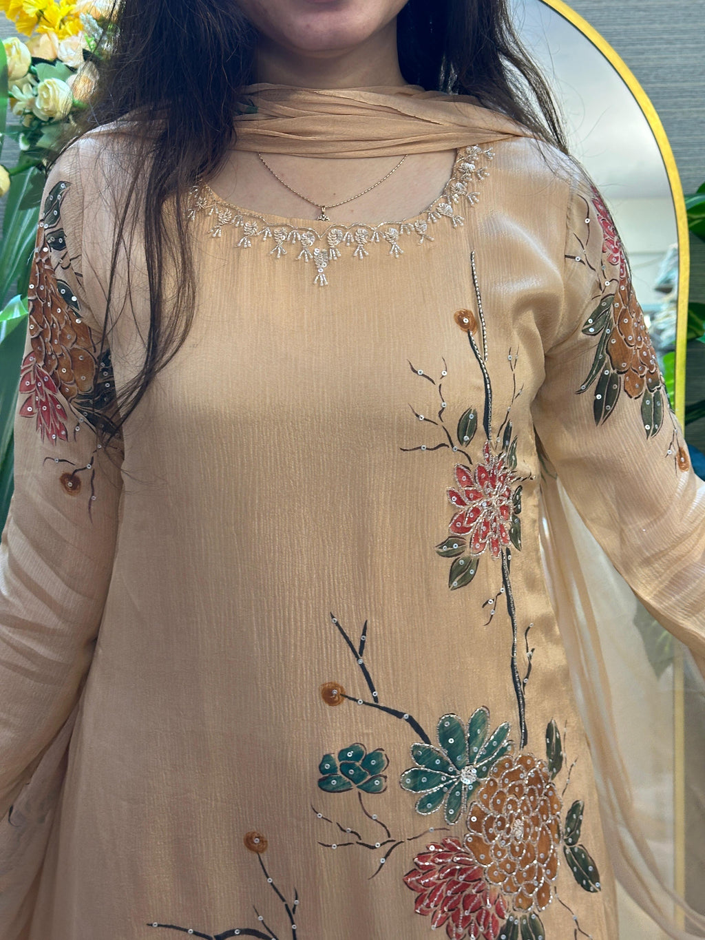 Champagne Gold Floral Embroidered Kurti Set with Dupatta