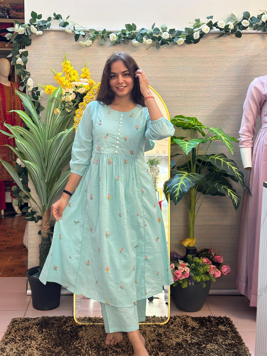 Sky blue Floral Embroidered A-Line Kurti Set
