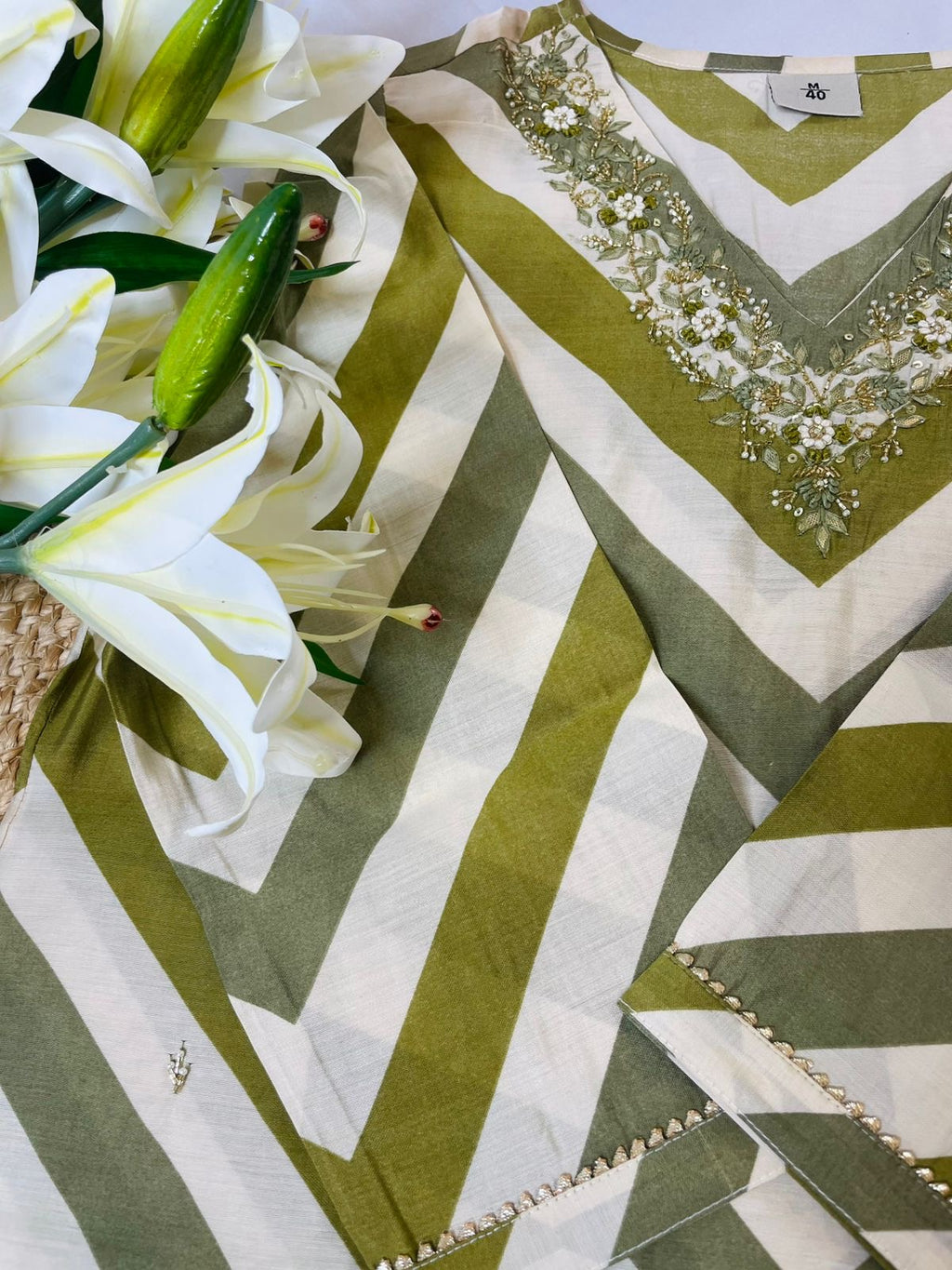 Green Modal silk handwork top and bottom set