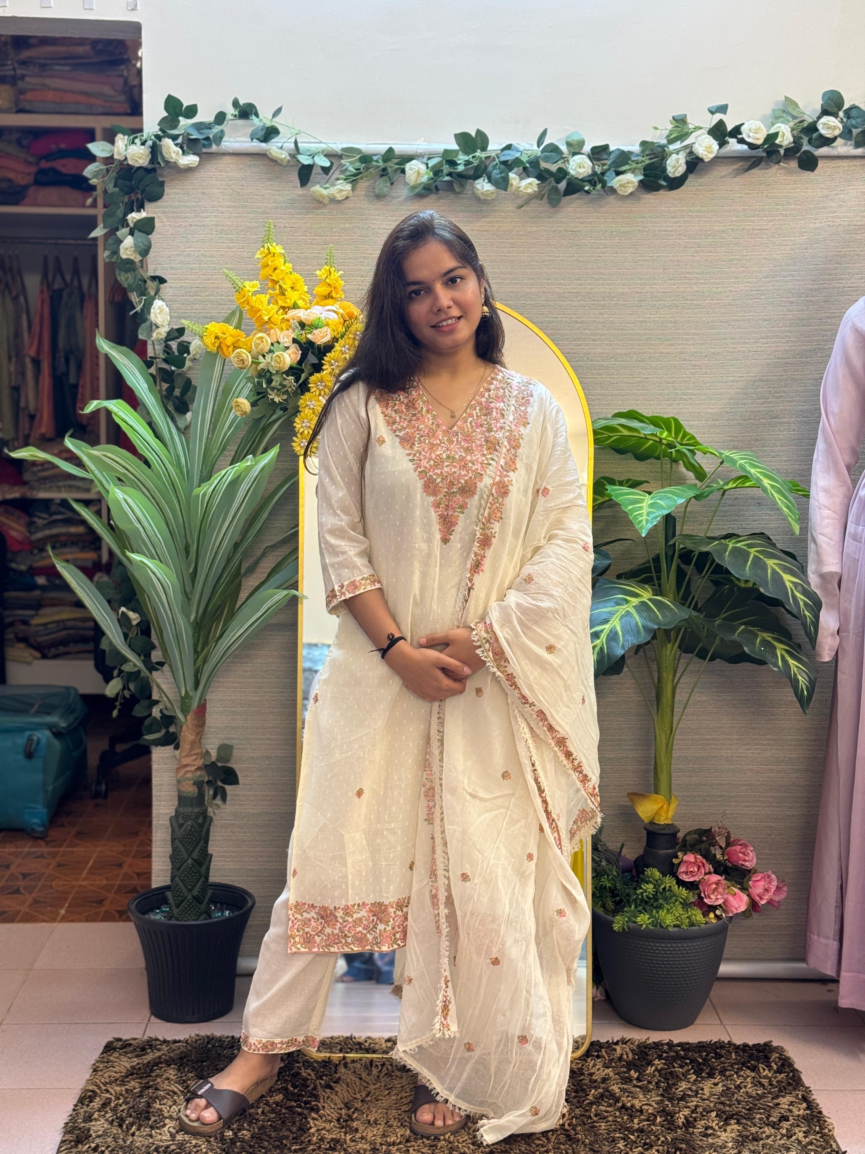 Ivory Blossom Embroidered Suit Set with Organza Dupatta
