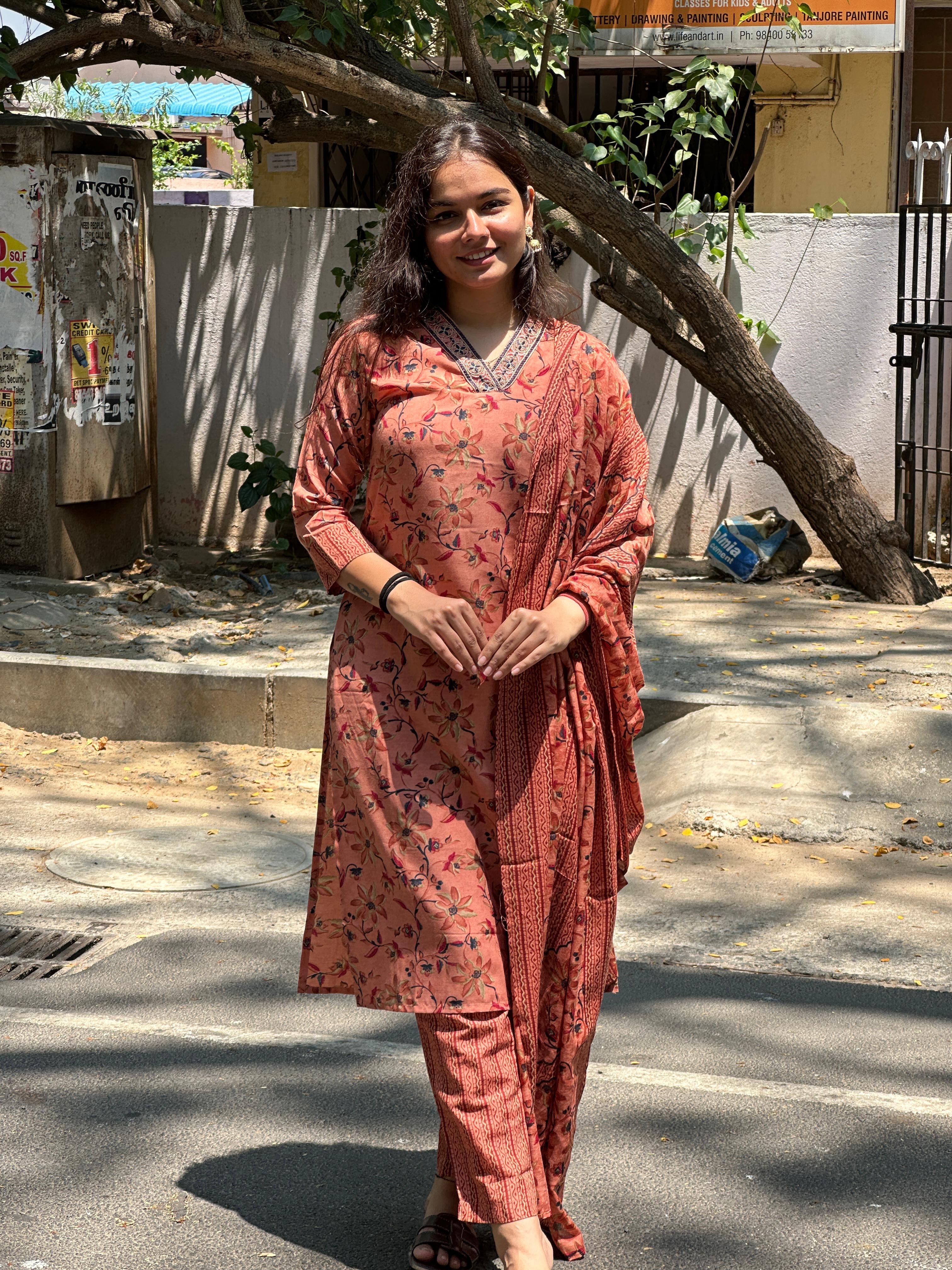 Rust Floral Printed Straight Kurti Set with Dupatta
