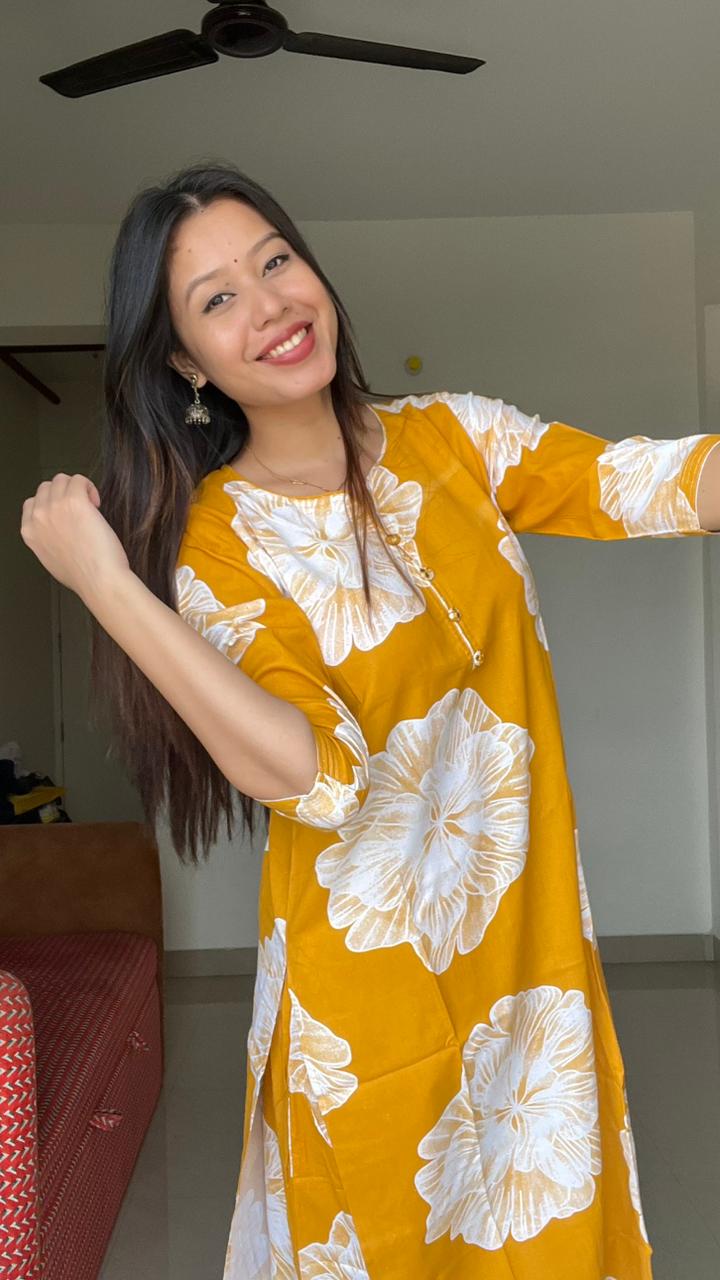 Mustard bloom floral printed kurti kurti set
