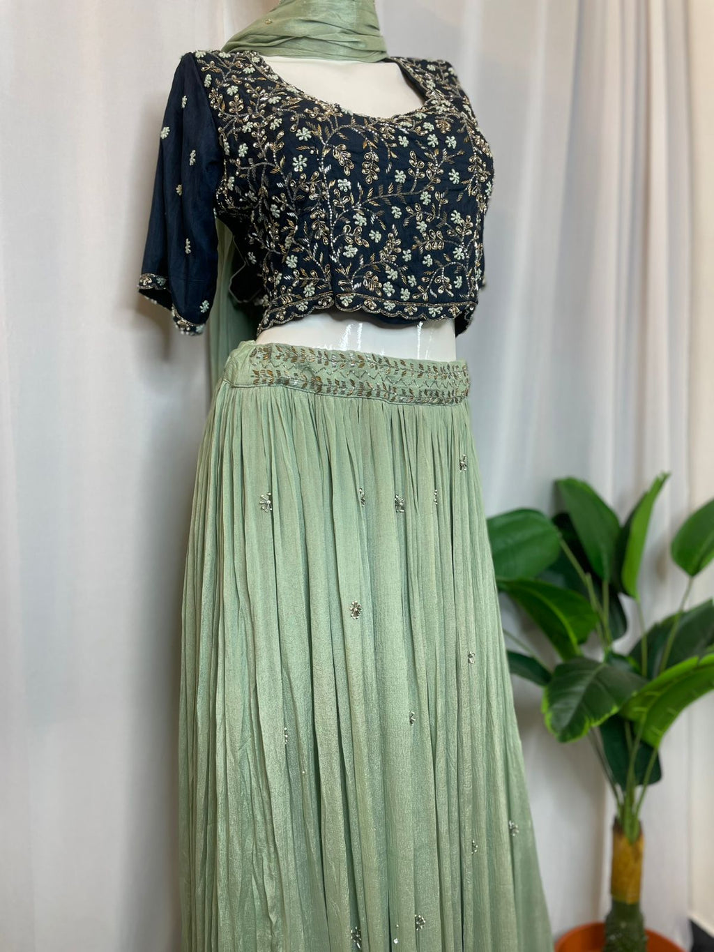 Blue and Pista green Designer hand work lehenga
