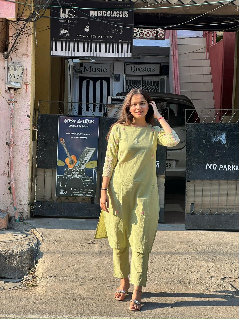 Olive Green Embroidered Straight Kurti Set