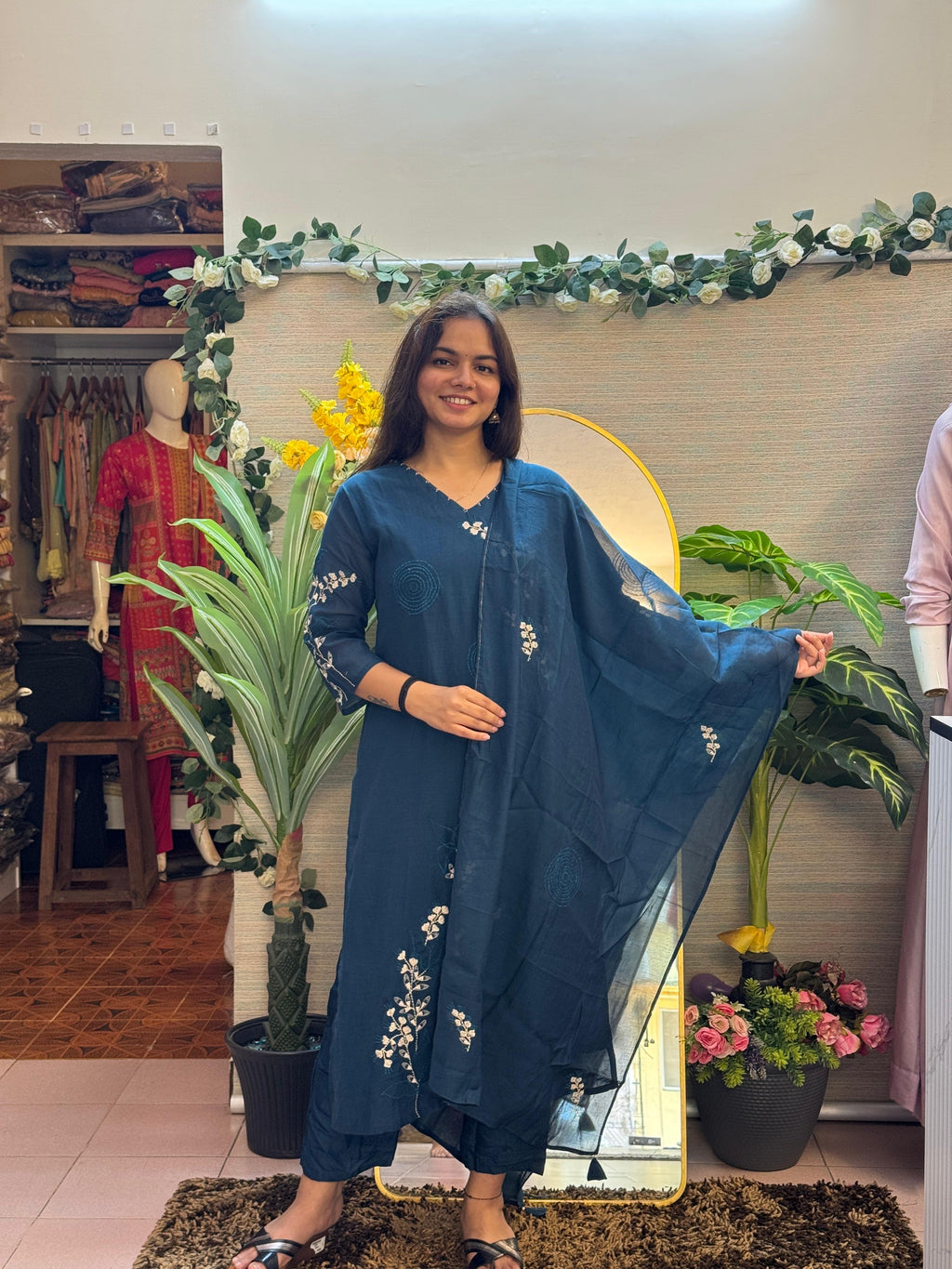 Midnight Blue Embroidered Kurti Set with Sheer Dupatta