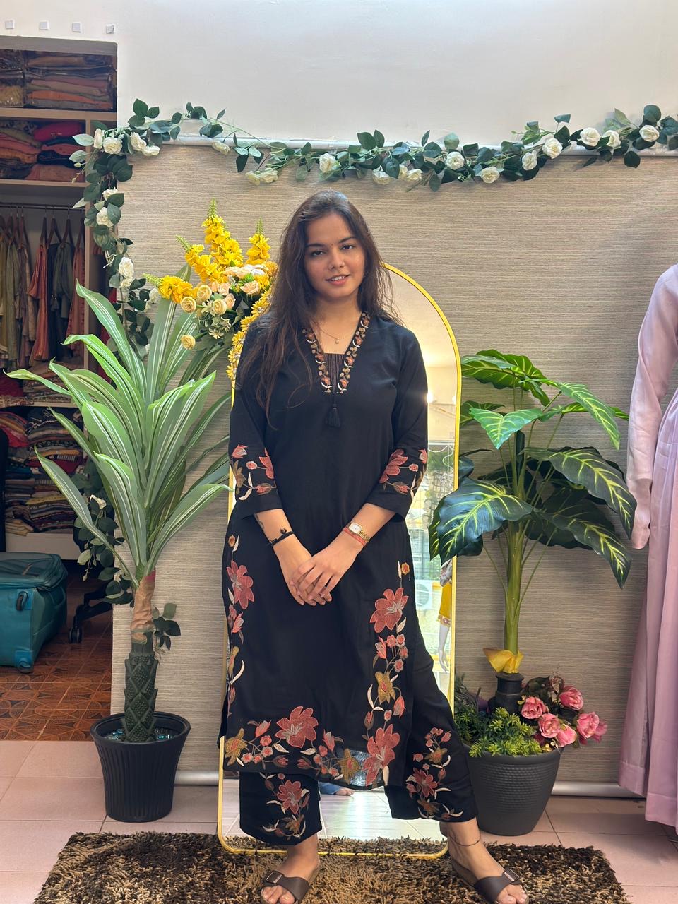 Black Floral Embroidered Kurti Pant Set