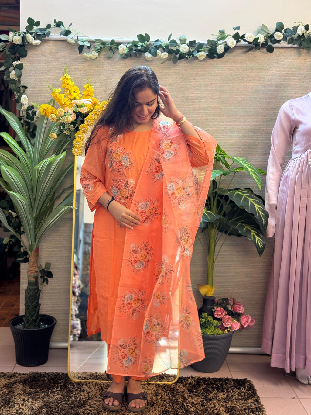 Peach Blossom Floral Suit Set with Printed Organza Dupatta
