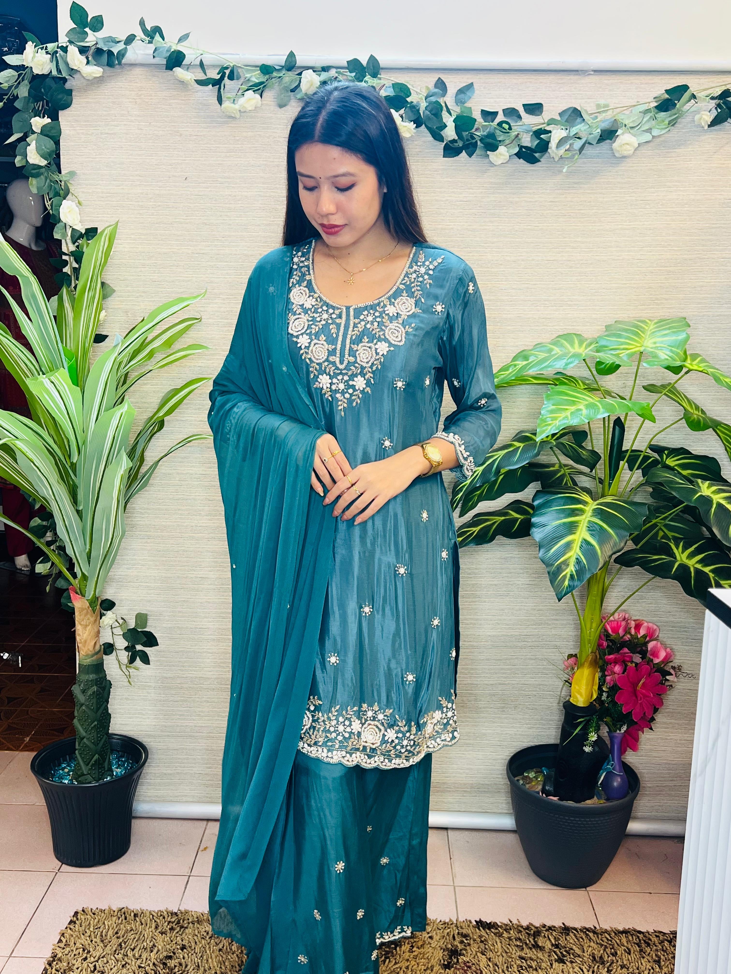 Amara Malligai Teal Embroidered Suit