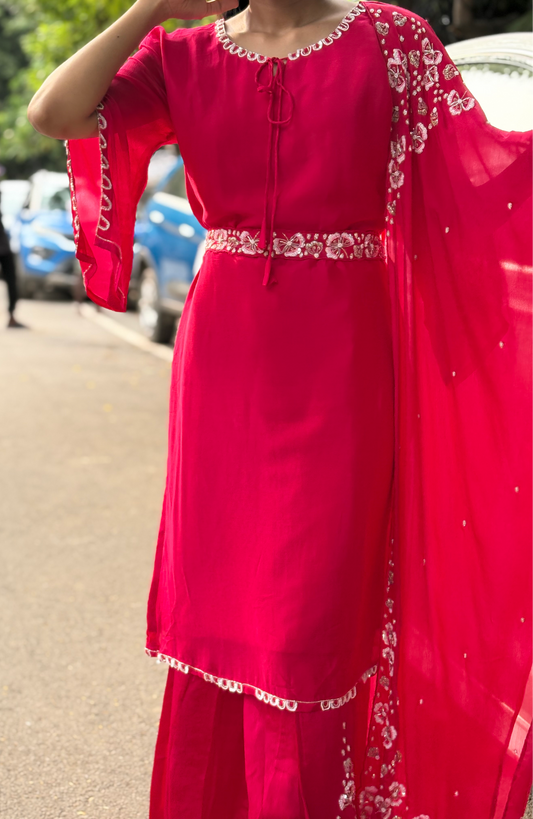 Dark Pink Handcrafted Belted Silk Ensemble