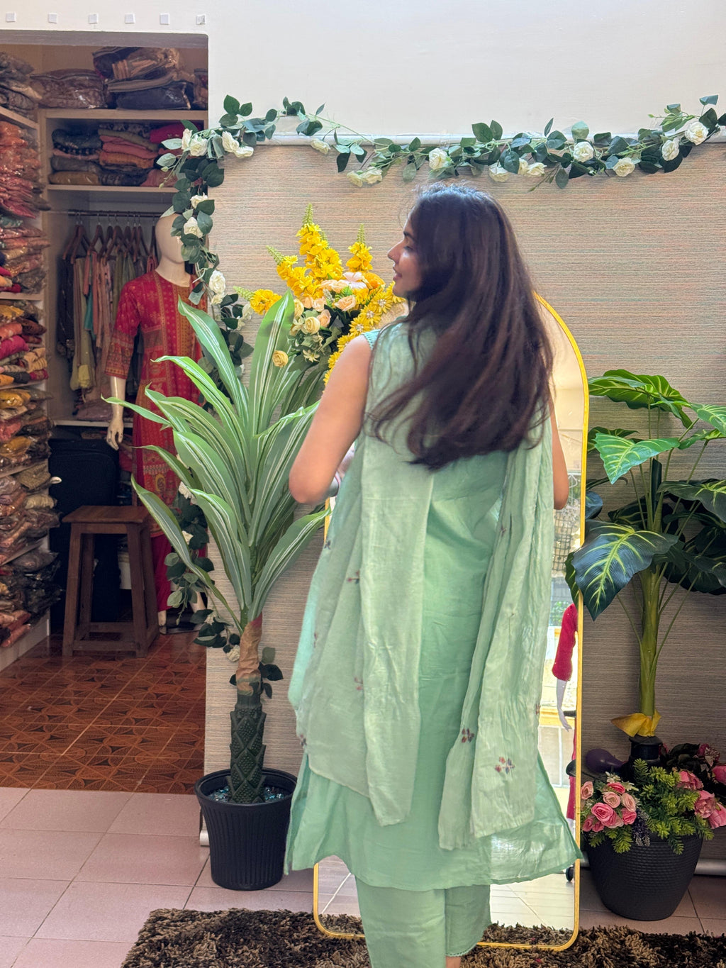 Mint Green Embroidered Anarkali Set with Inner Sleeves & Dupatta
