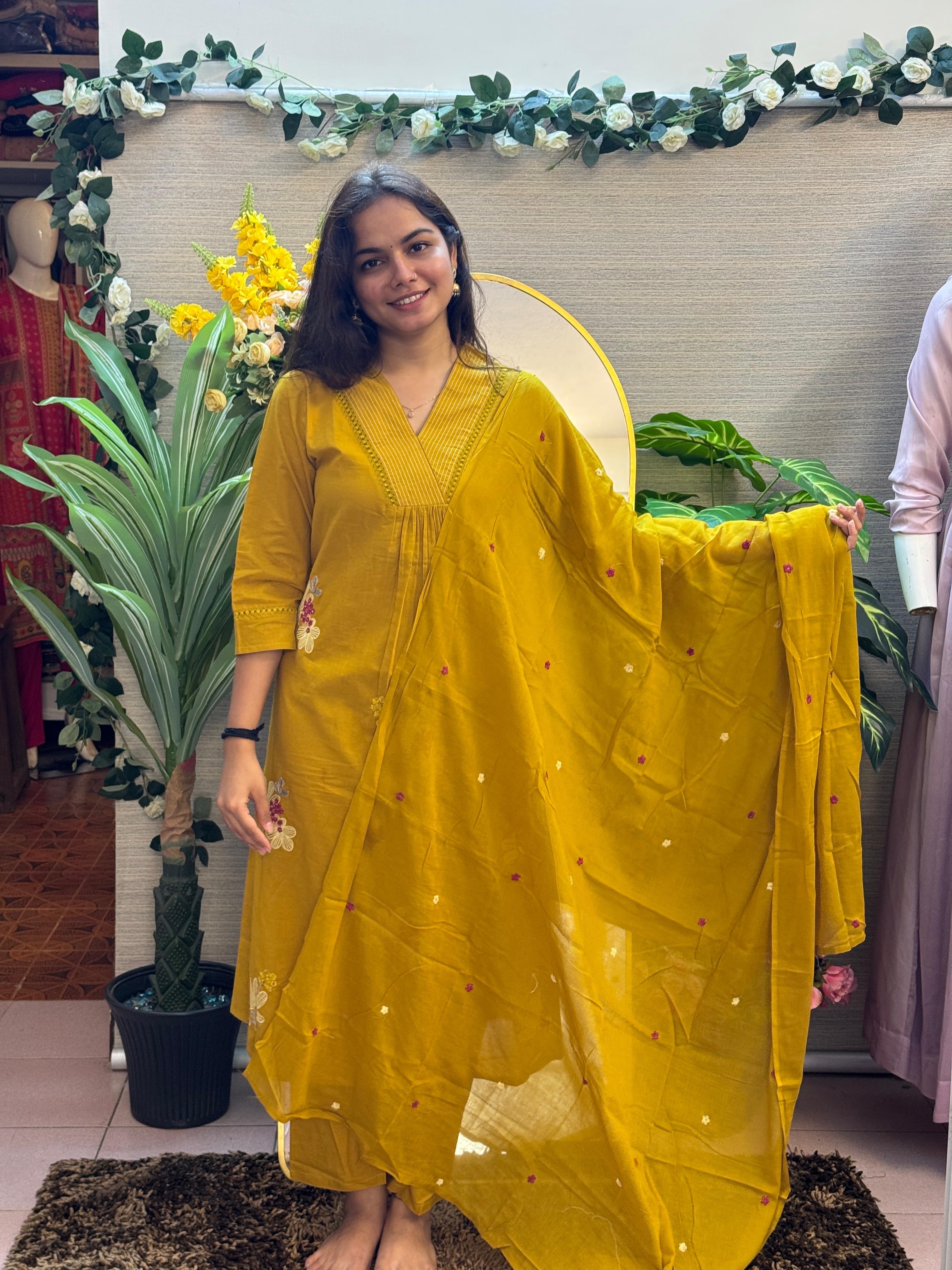Mustard Yellow Floral Embroidered Kurti Set with Dupatta