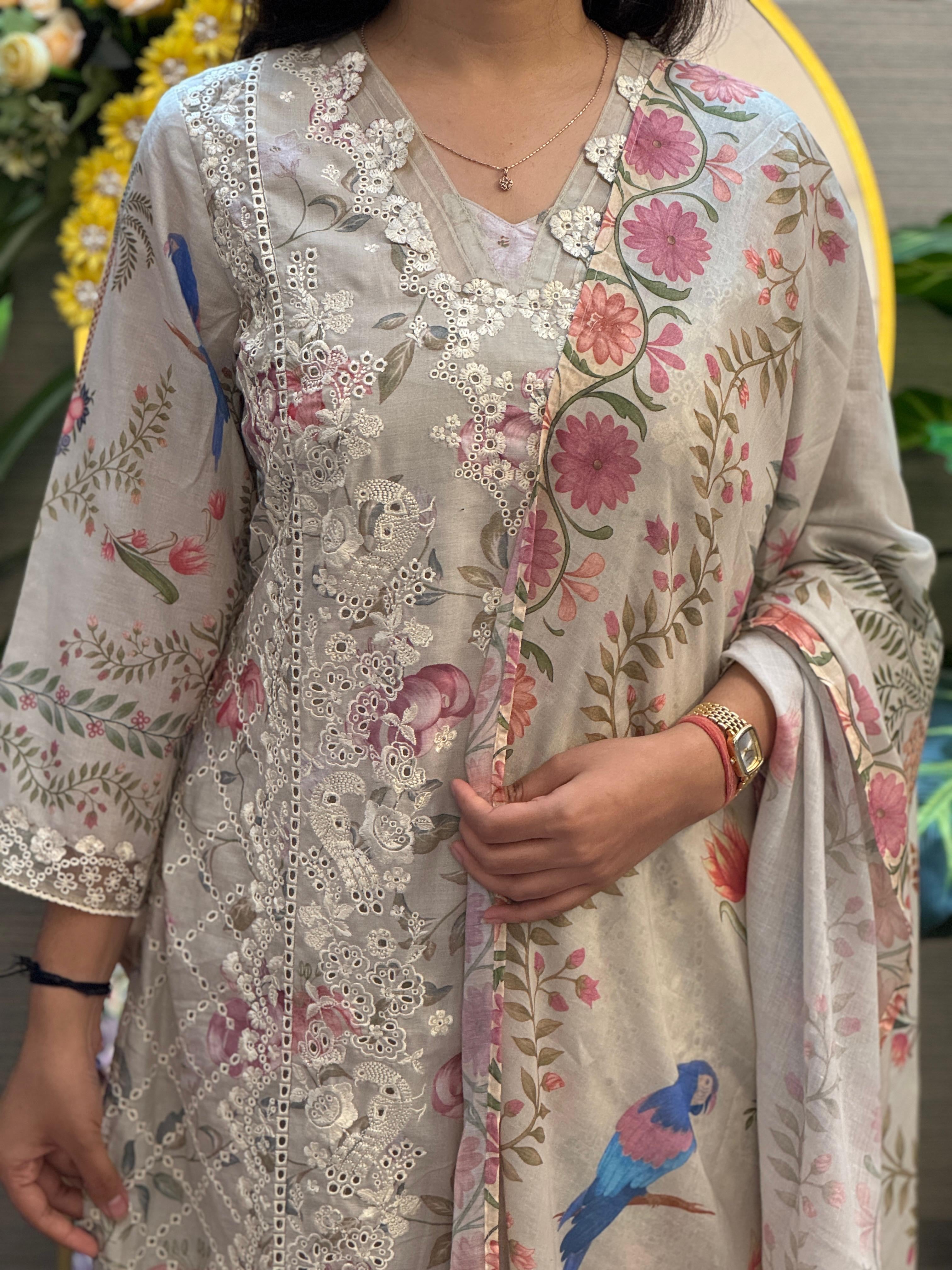 Ivory Bloom Floral Printed Suit Set with Dupatta