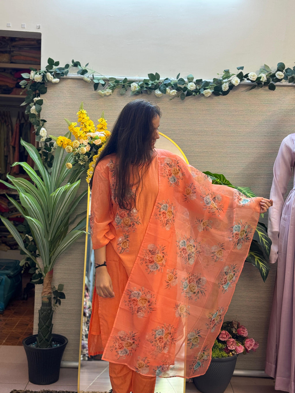 Peach Blossom Floral Suit Set with Printed Organza Dupatta