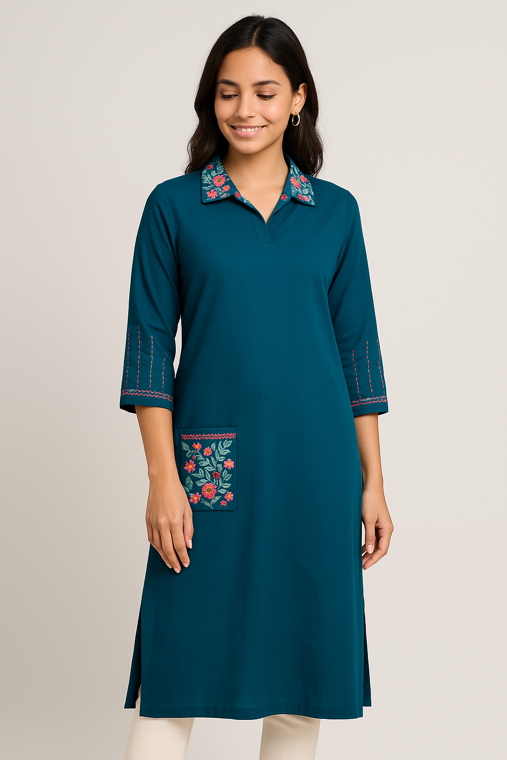 Teal Bloom Pocket Kurta