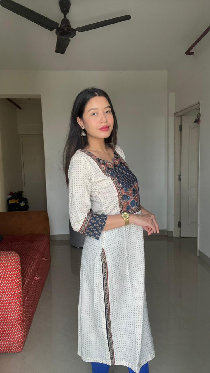 Ethnic printed straight kurti with contrast yoke