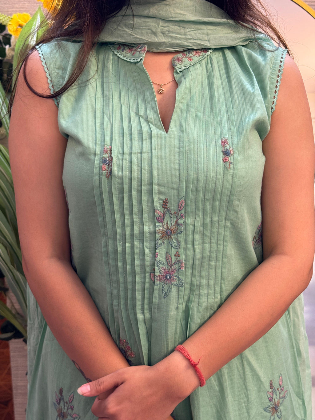 Mint Green Embroidered Anarkali Set with Inner Sleeves & Dupatta