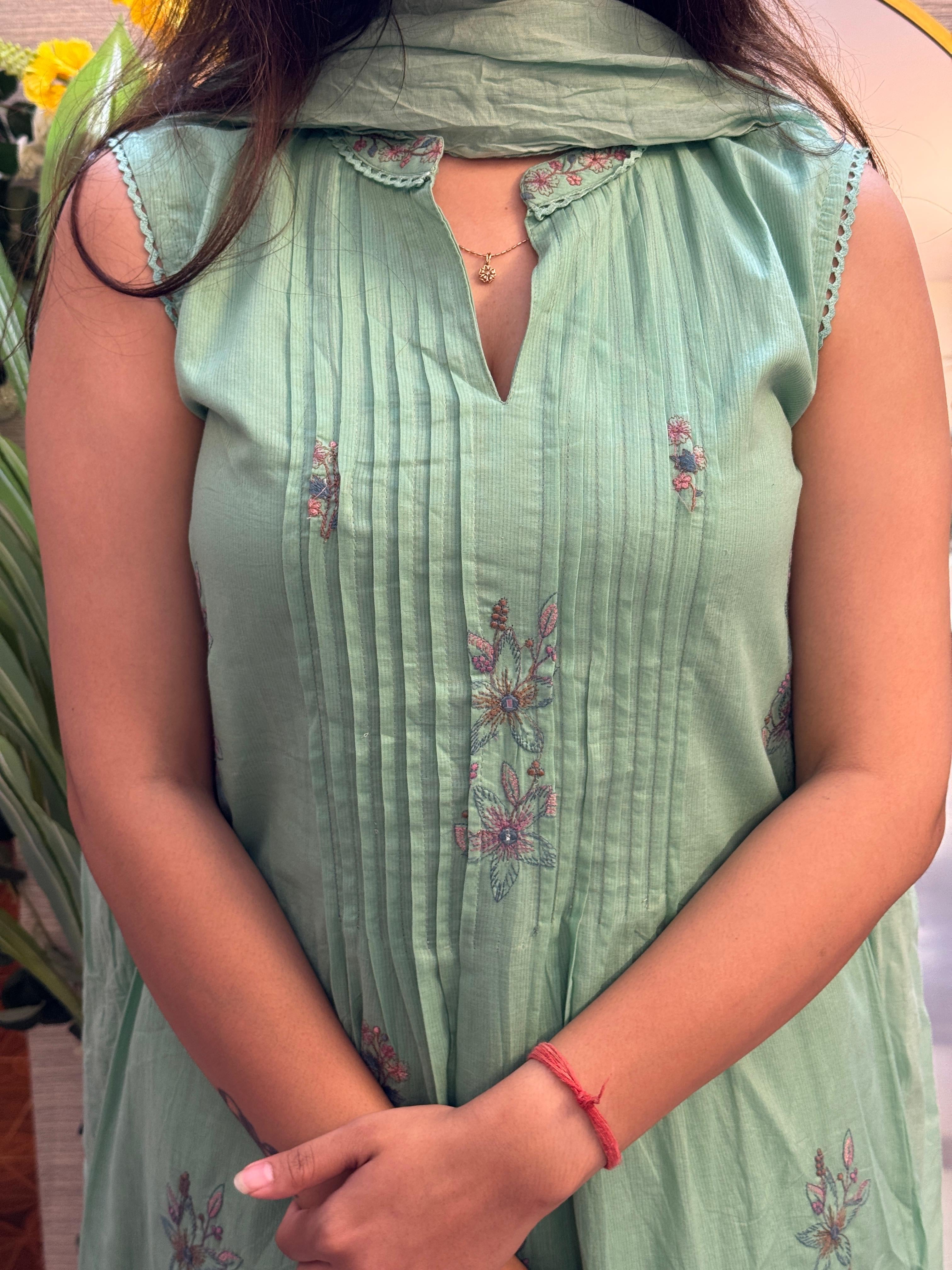 Mint Green Embroidered Anarkali Set with Inner Sleeves & Dupatta
