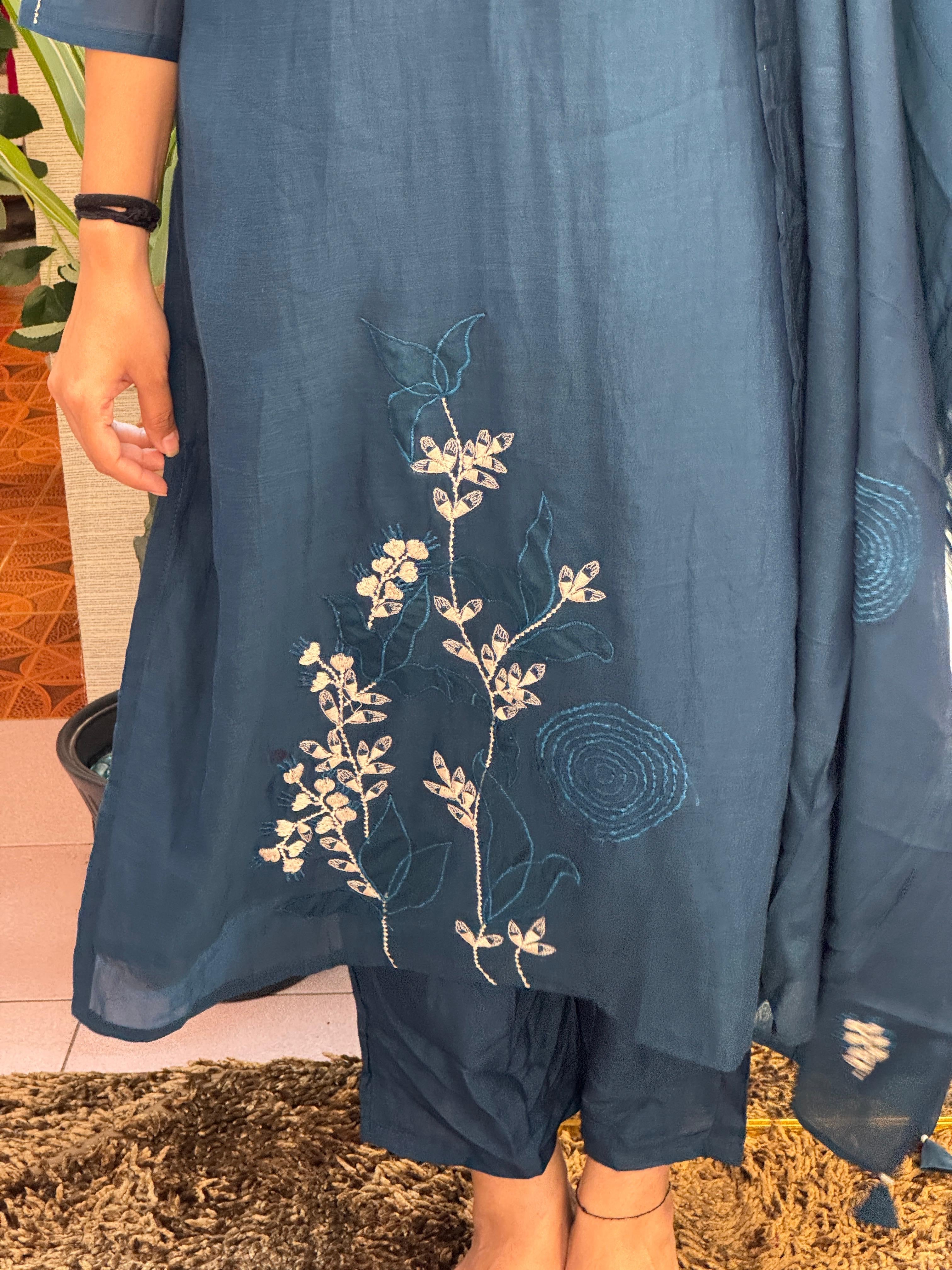 Midnight Blue Embroidered Kurti Set with Sheer Dupatta
