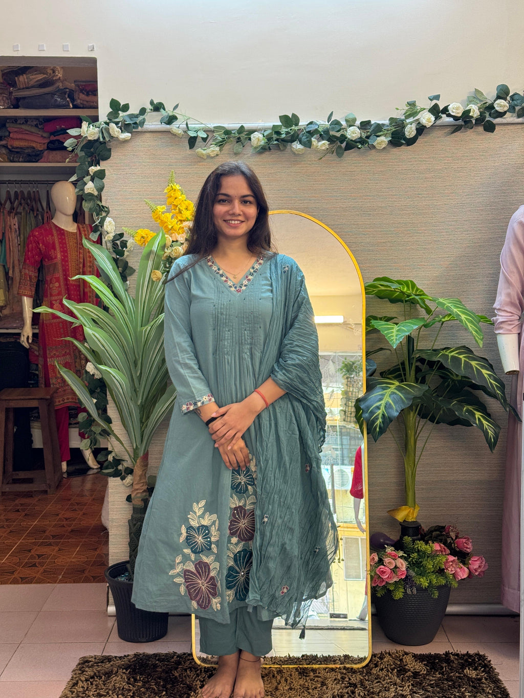 Dusty Teal Floral Embroidered Anarkali Set with Dupatta