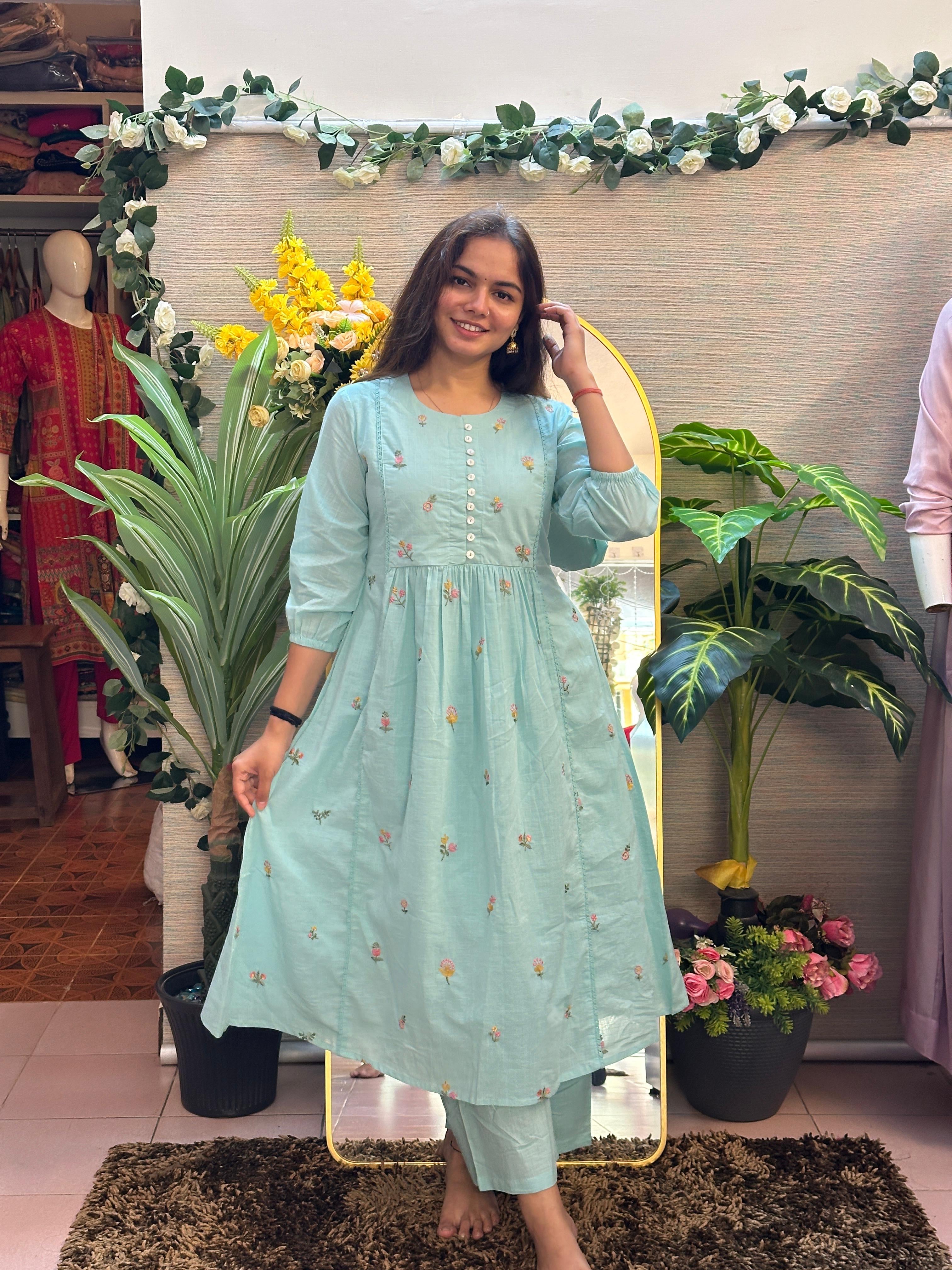 Sky blue Floral Embroidered A-Line Kurti Set