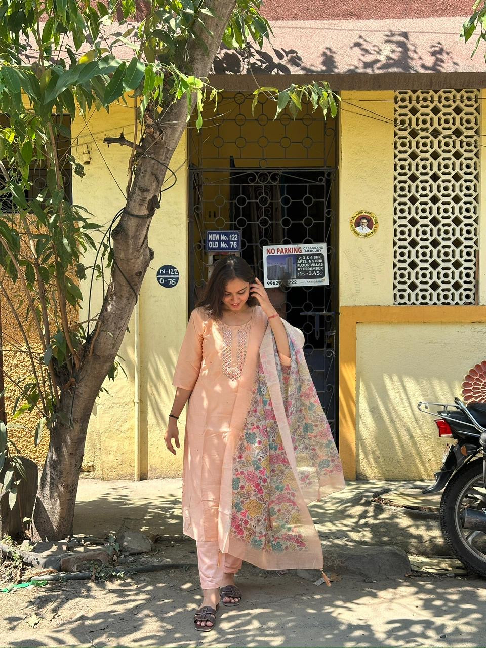 Blush Peach Embellished Kurti Set with Printed Dupatta
