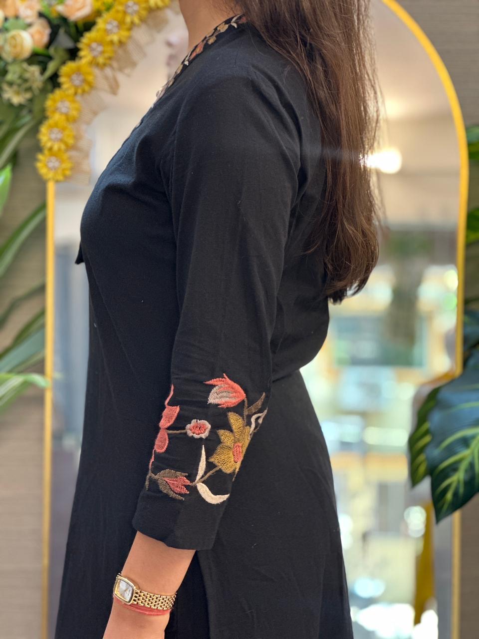 Black Floral Embroidered Kurti Pant Set