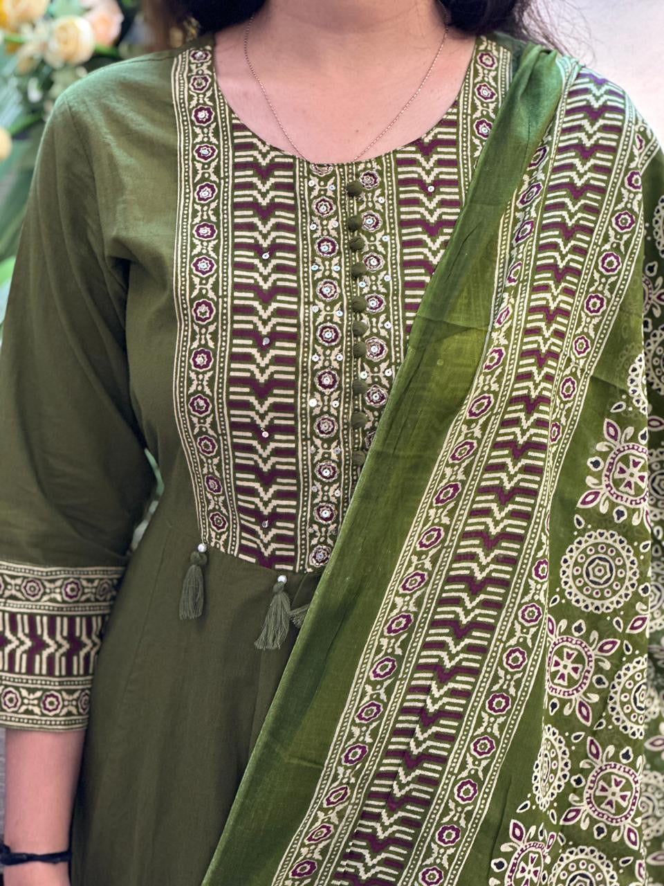 Olive Heritage Printed Anarkali Suit Set with Dupatta