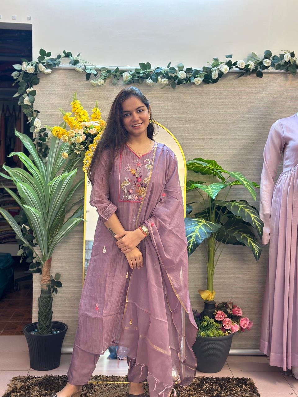 Lavender Grace Embroidered Suit Set with Tissue Dupatta