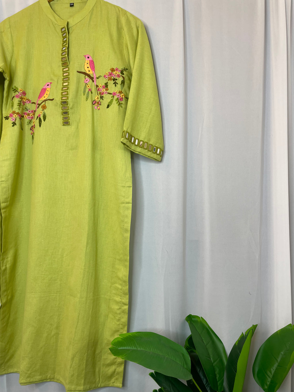 Lime Birdsong Mirror Embroidered Kurta