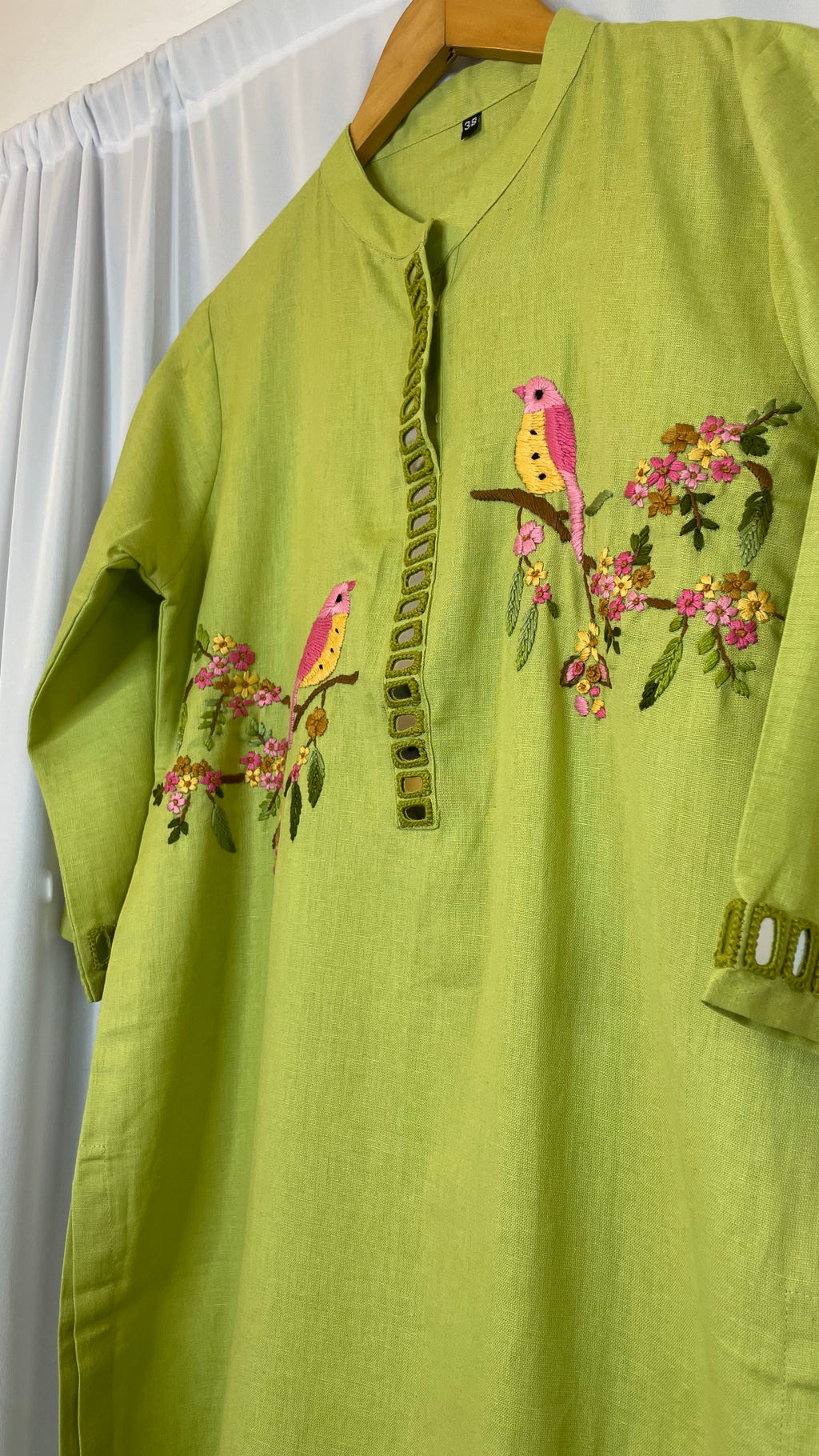 Lime Birdsong Mirror Embroidered Kurta