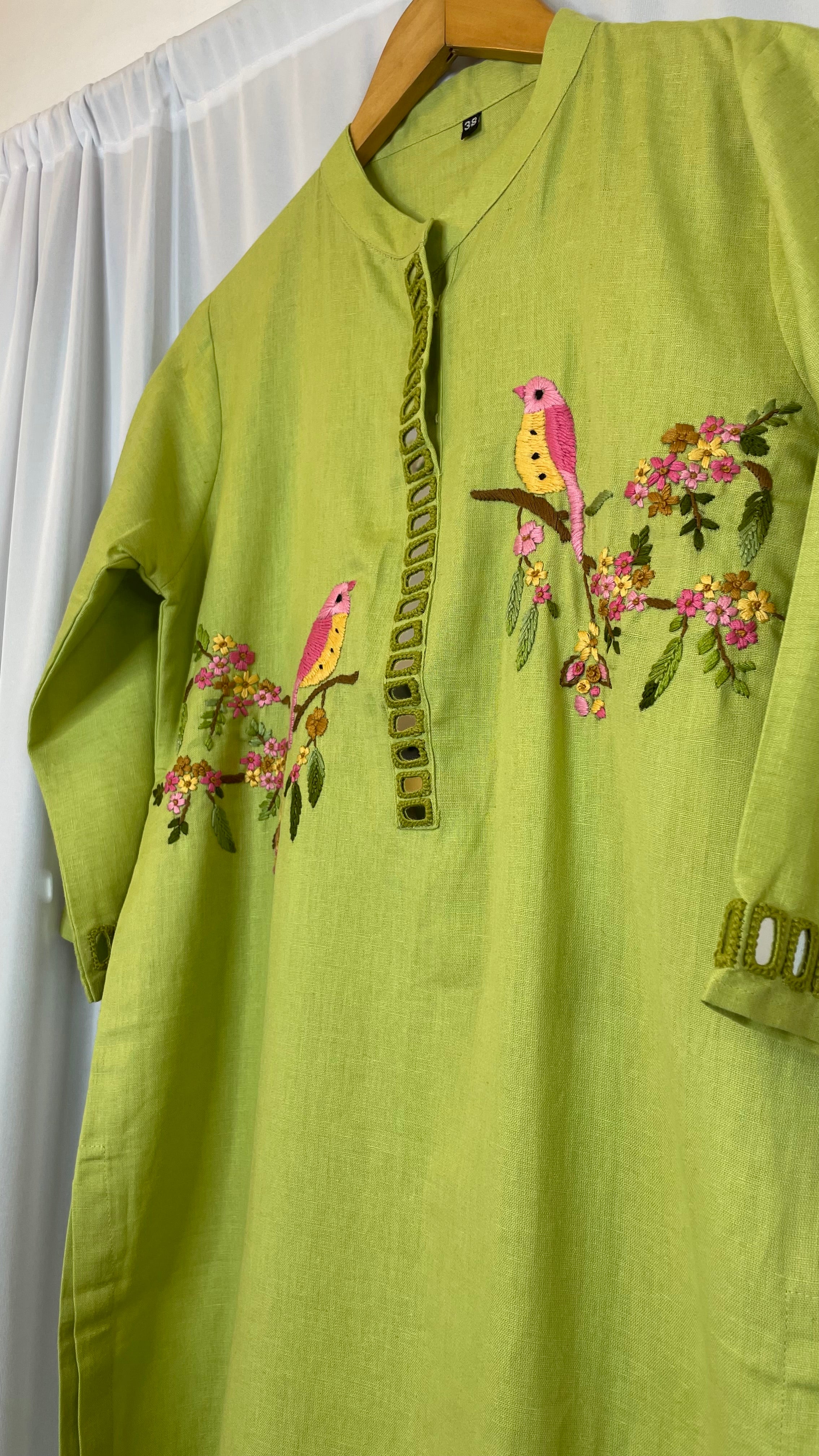 Lime Birdsong Mirror Embroidered Kurta