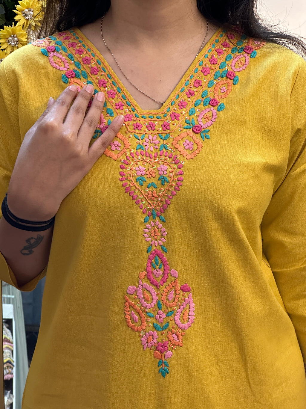 Mustard Yellow Embroidered Straight Kurti Set