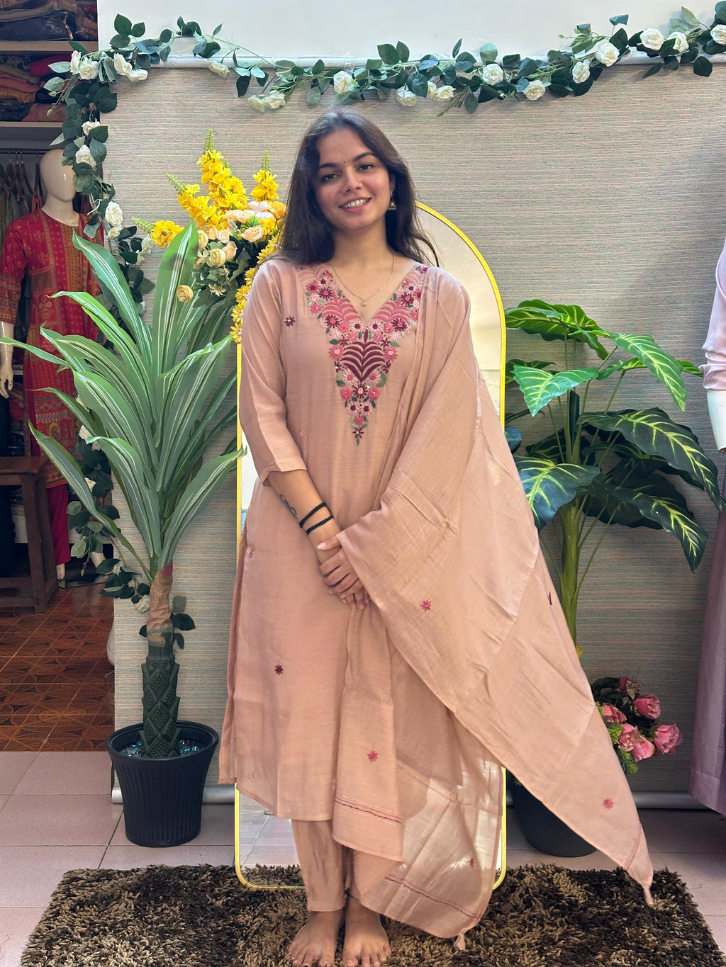 Blush Beige Embroidered Kurti Set with Dupatta