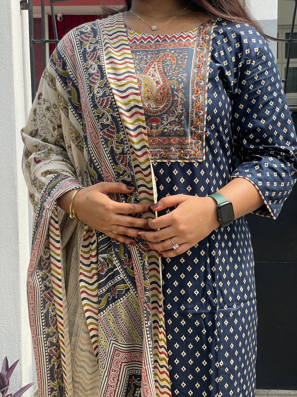 Printed cotton suit set ( Dark blue )