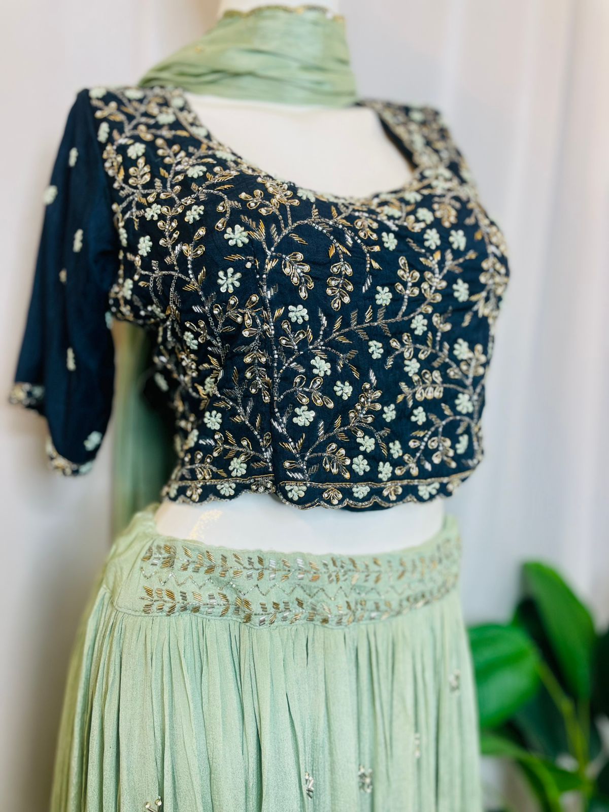 Blue and Pista green Designer hand work lehenga