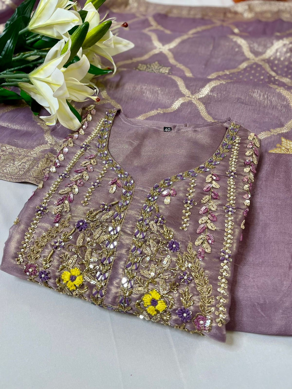 Lavender Zari Garden Suit Set