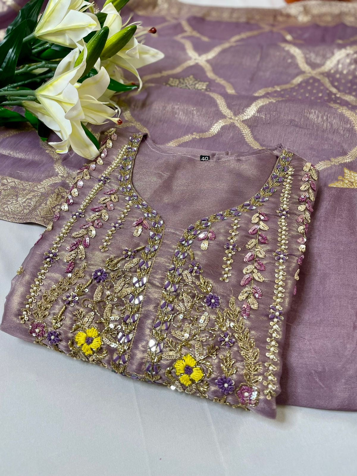 Lavender Zari Garden Suit Set