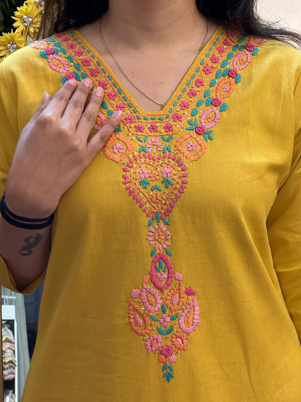 Mustard Yellow Embroidered Straight Kurti Set