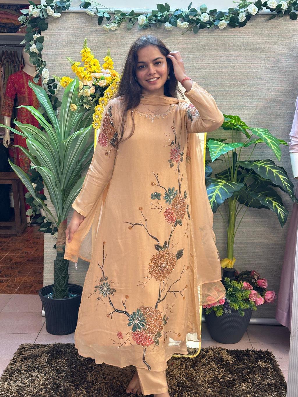 Champagne Gold Floral Embroidered Kurti Set with Dupatta