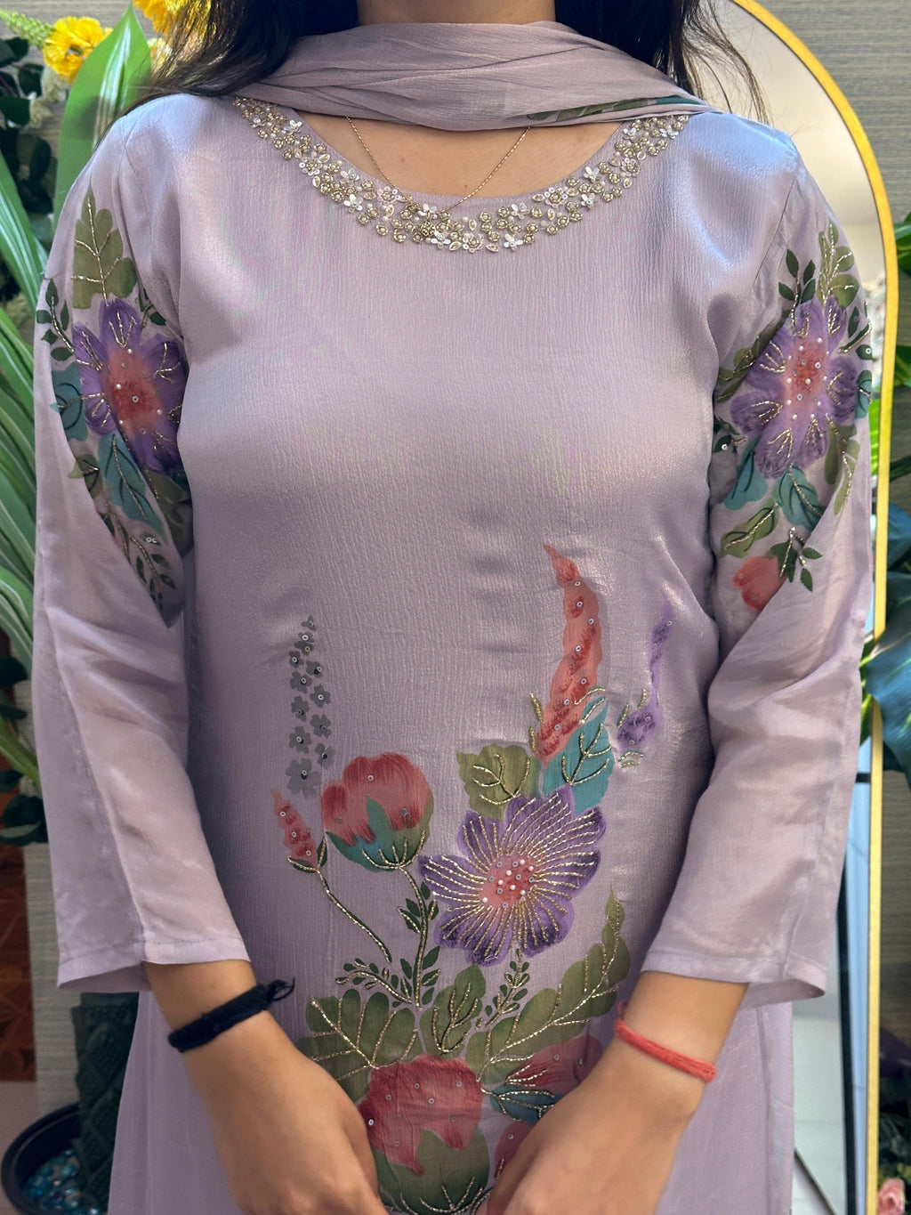 Lilac Floral Printed Kurti Set with Dupatta