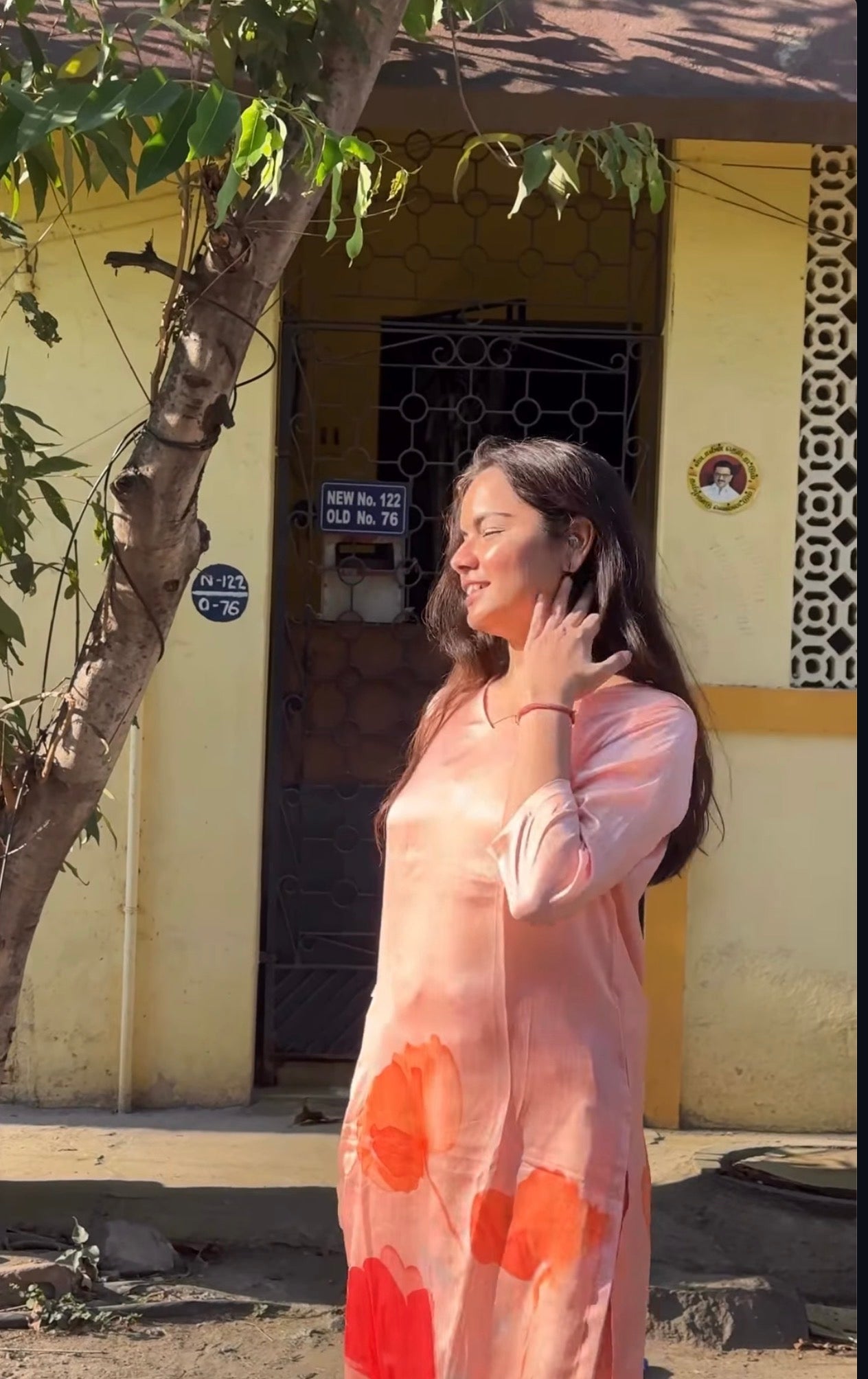 Peach Floral Printed Straight Kurti
