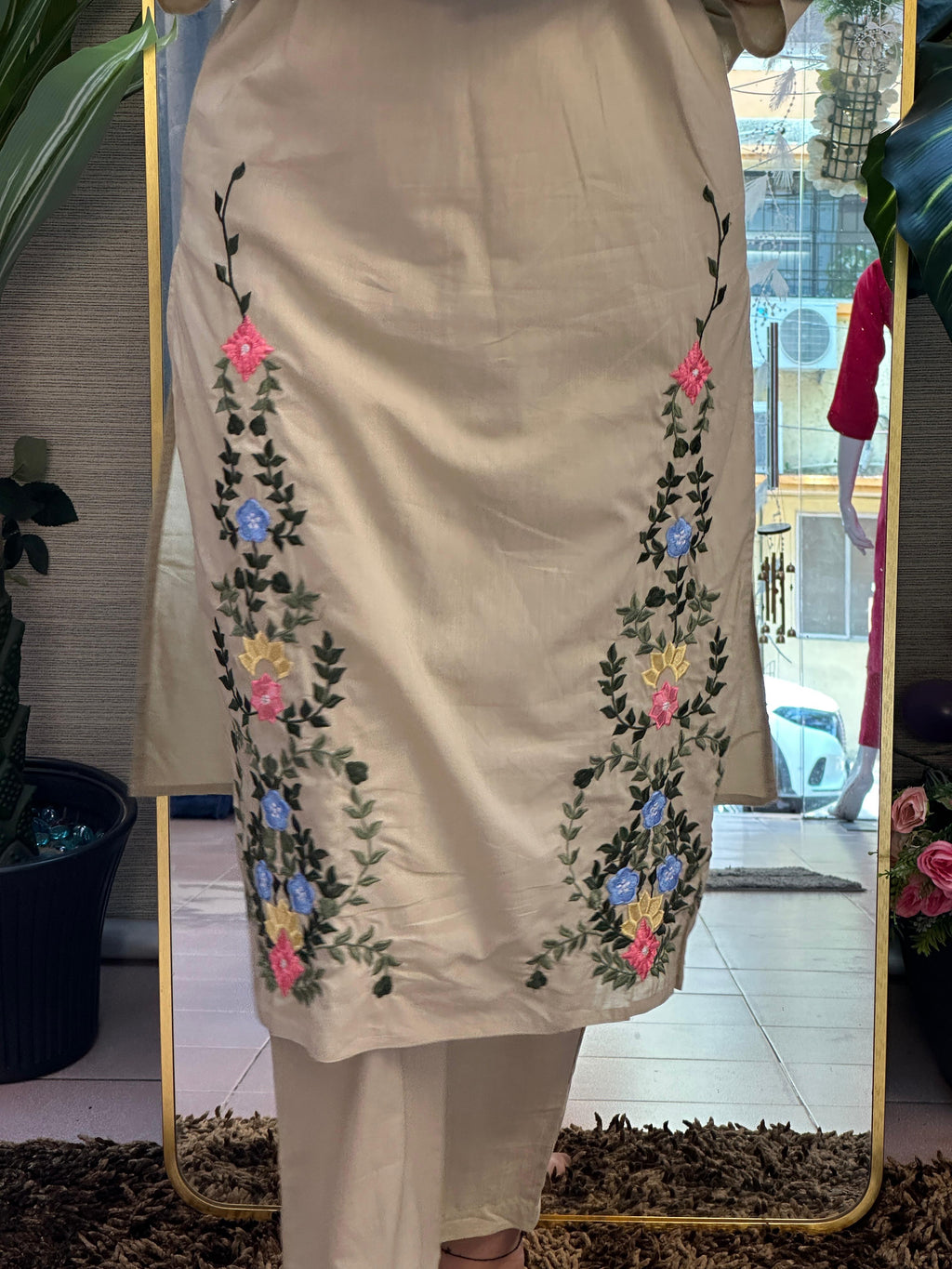 Beige Floral Embroidered Straight Kurti Set