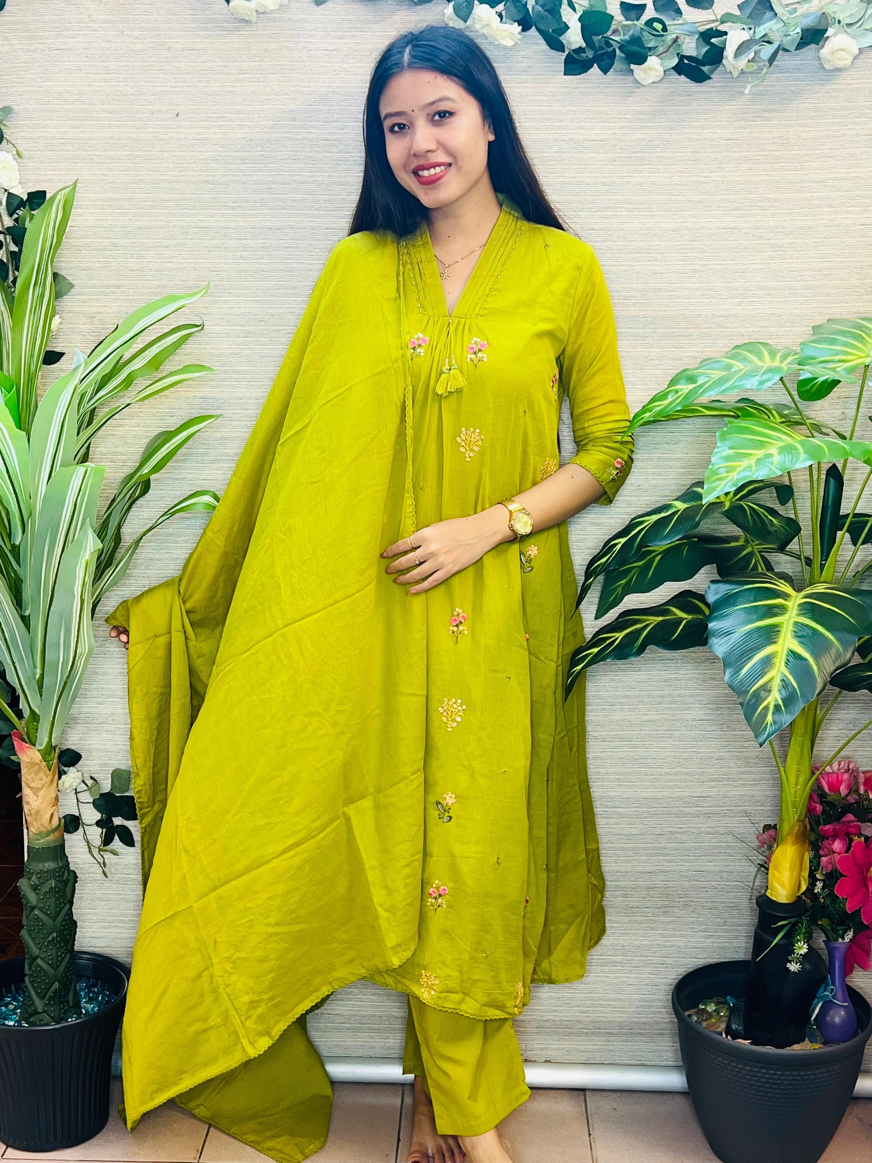 Malar Olivu Mul Chanderi Silk Suit Set