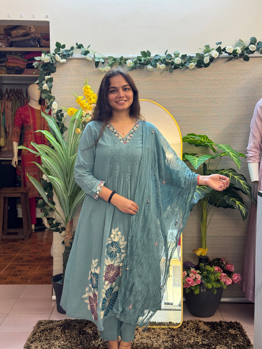 Dusty Teal Floral Embroidered Anarkali Set with Dupatta