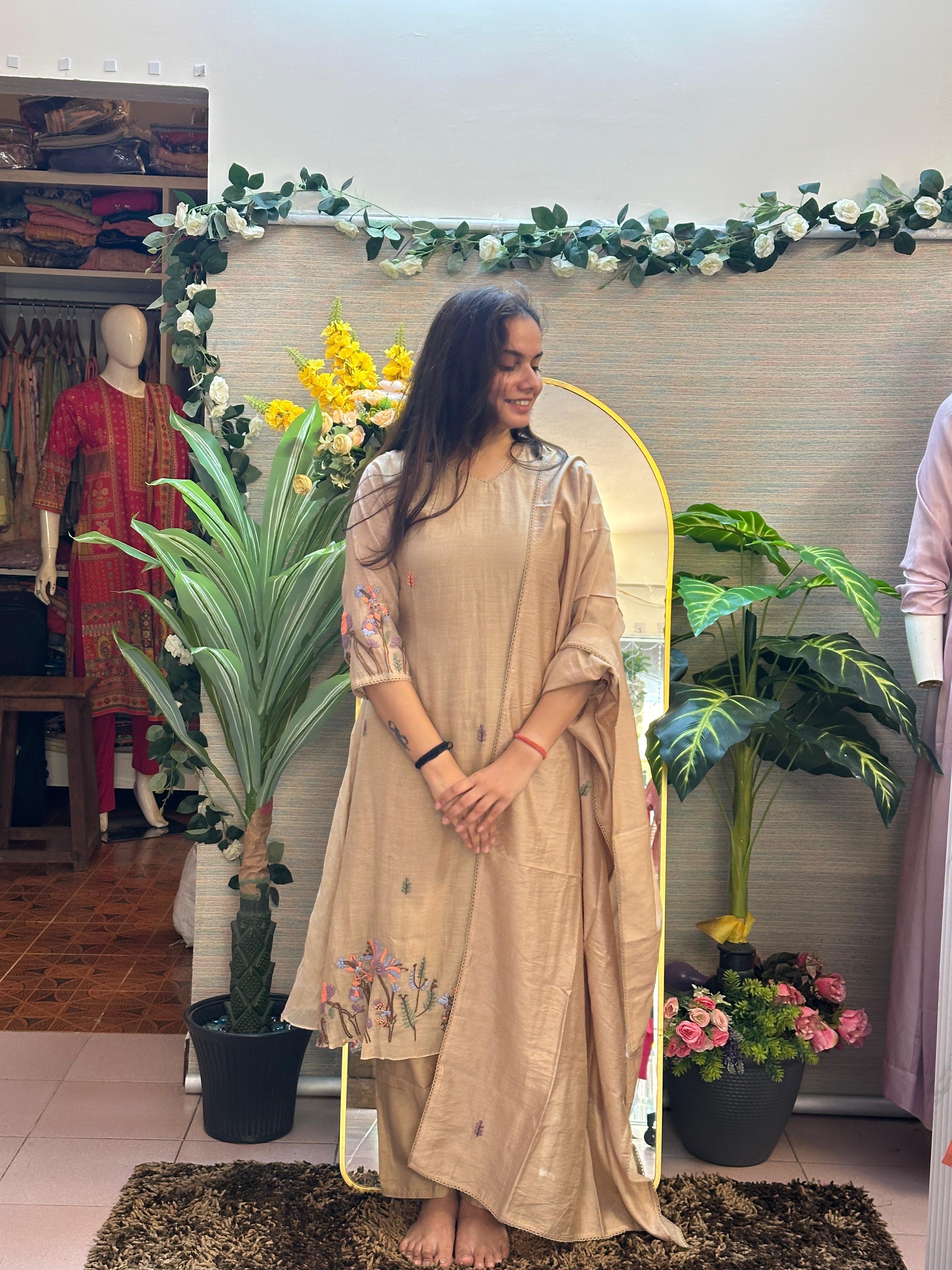 Warm Beige Embroidered Straight Kurti Set with Dupatta