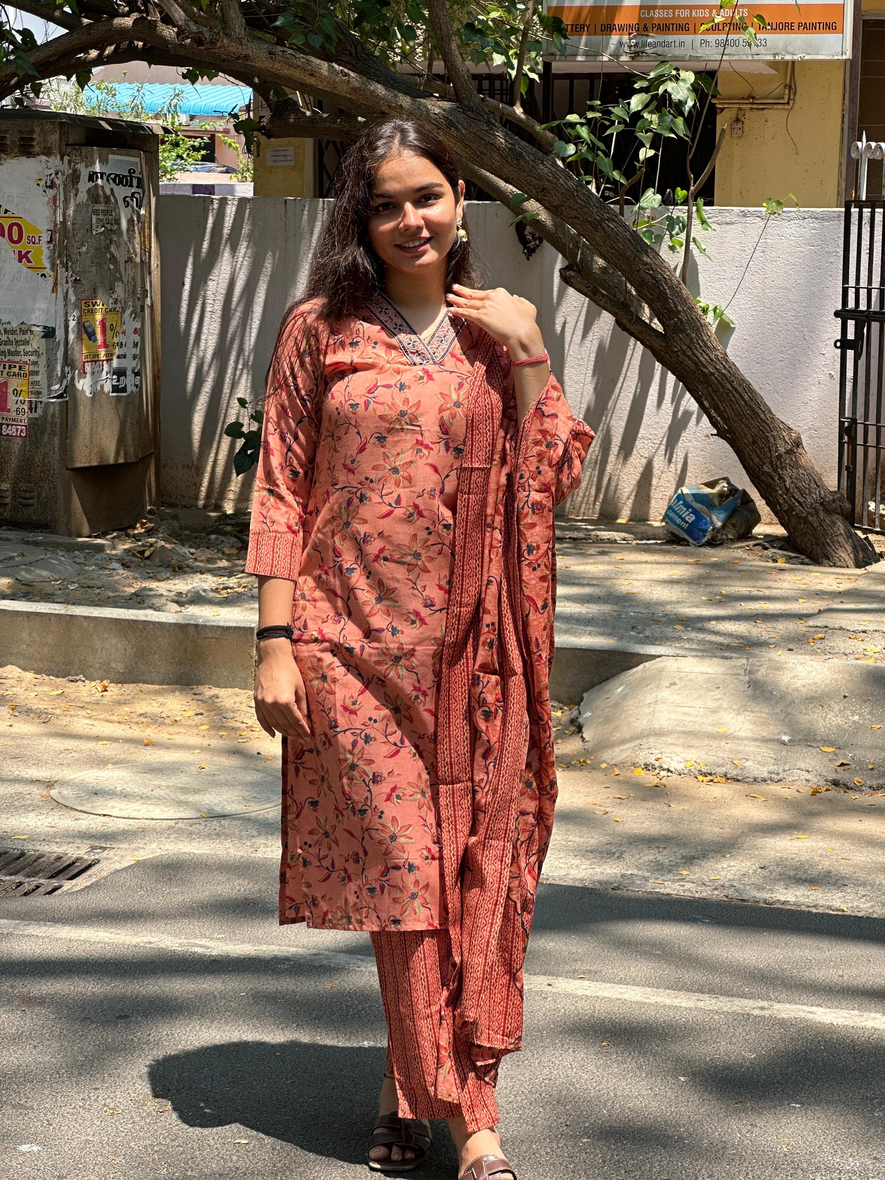 Rust Floral Printed Straight Kurti Set with Dupatta