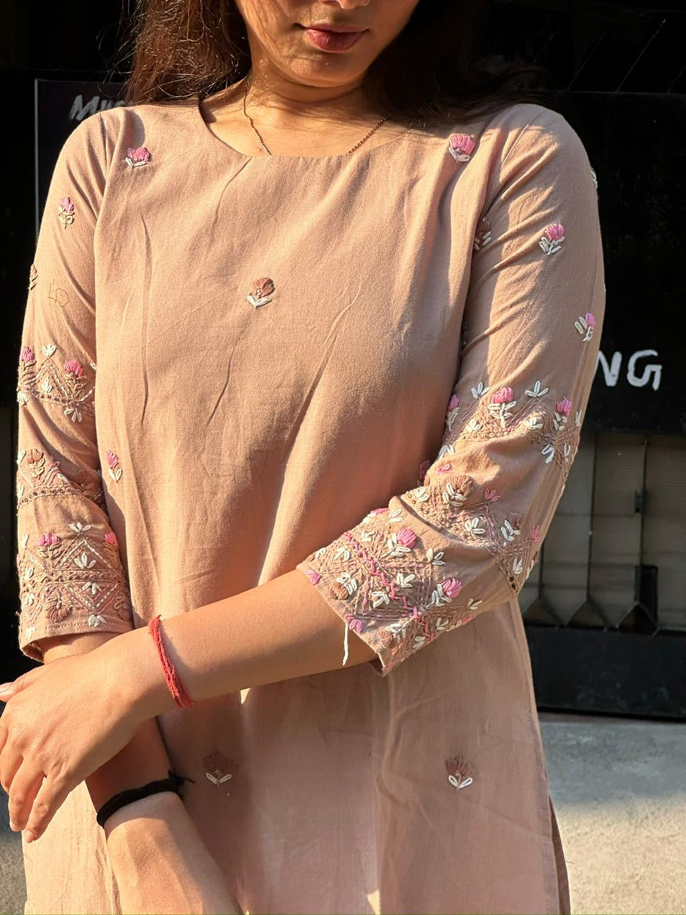 Earthy Brown Embroidered Straight Kurti Set