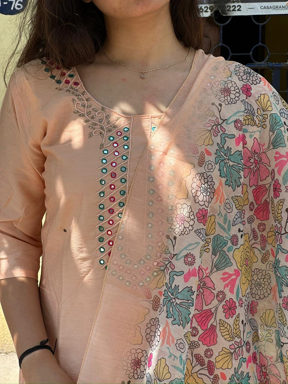Blush Peach Embellished Kurti Set with Printed Dupatta
