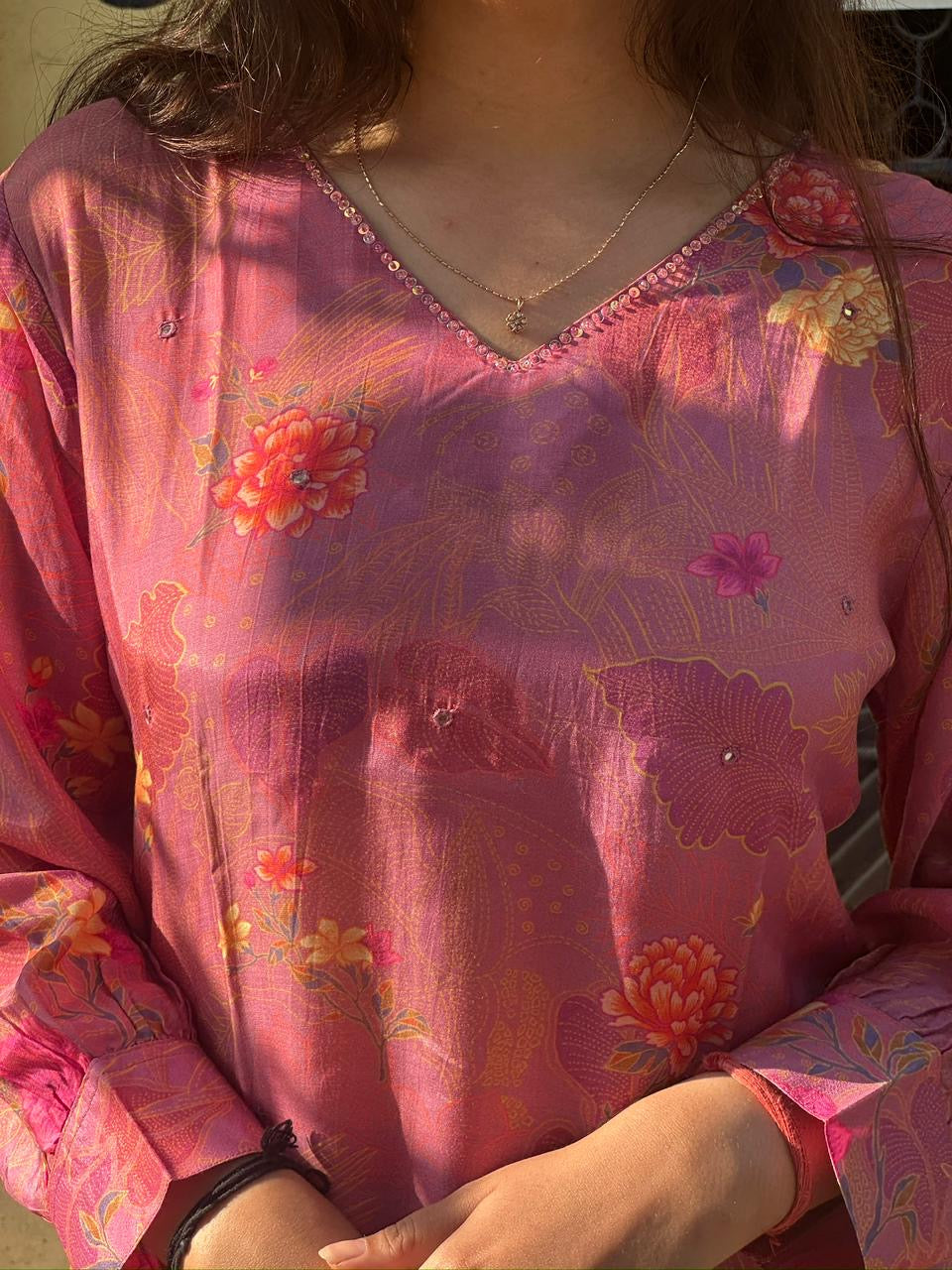 Rose Pink Floral Printed Straight Kurti Set