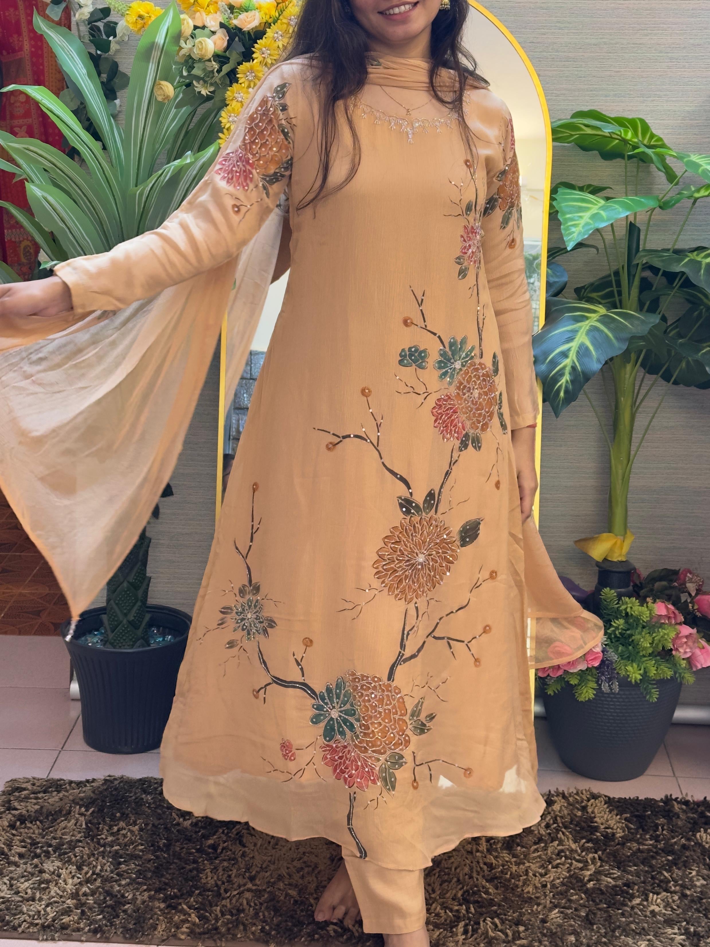 Champagne Gold Floral Embroidered Kurti Set with Dupatta